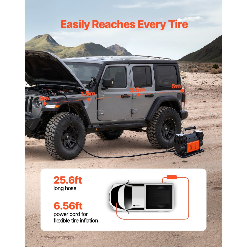 VEVOR Dual-Cylinder Heavy Duty Air Compressor, 300 L/min Portable Tire Inflator, 12V 150PSI Offroad Air Pump with Digital Pressure Gauge & Adapters for Truck Car SUV 4 x 4 Vehicle RV