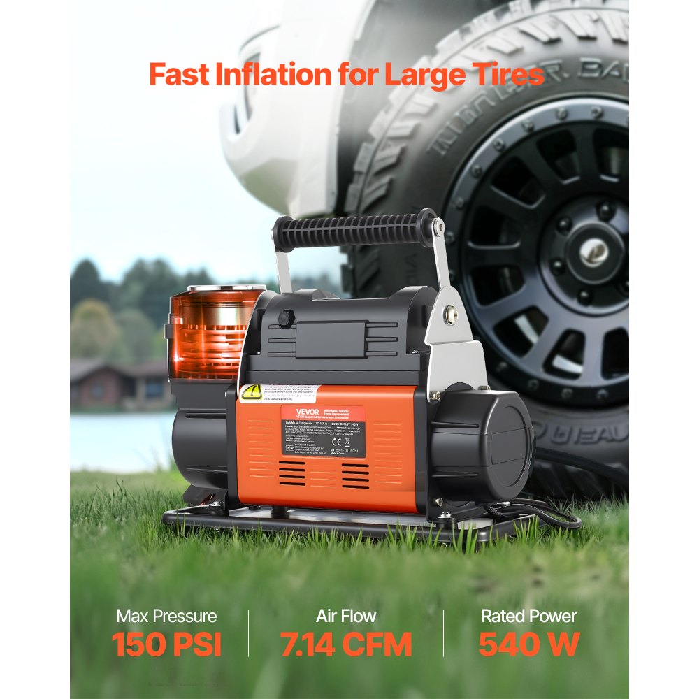 VEVOR 12V Heavy Duty Air Compressor, Auto-Stop Portable Tire Inflator with LCD Digital Display, 202 L/Min 150PSI Offroad Air Pump with Adapters for Trucks Car SUV 4 x 4 Vehicle RV