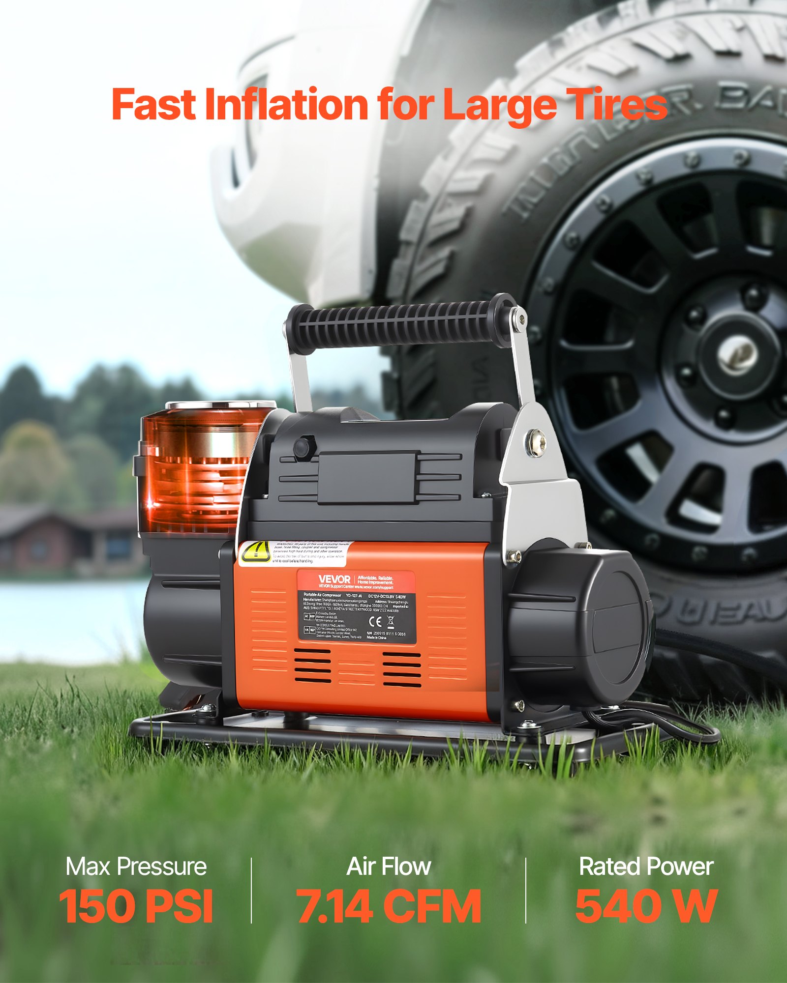 VEVOR 12V Heavy Duty Air Compressor, Auto-Stop Portable Tire Inflator with LCD Digital Display, 202 L/Min 150PSI Offroad Air Pump with Adapters for Trucks Car SUV 4 x 4 Vehicle RV