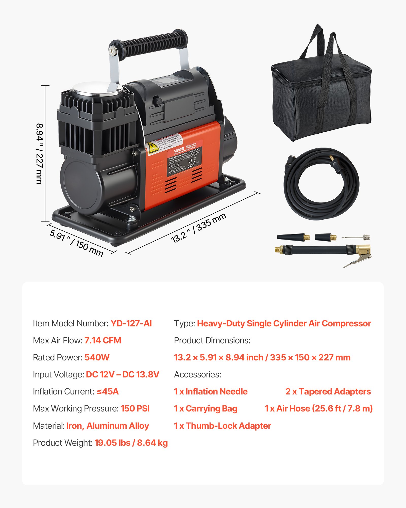 VEVOR 12V Heavy Duty Air Compressor, Auto-Stop Portable Tire Inflator with LCD Digital Display, 202 L/Min 150PSI Offroad Air Pump with Adapters for Trucks Car SUV 4 x 4 Vehicle RV