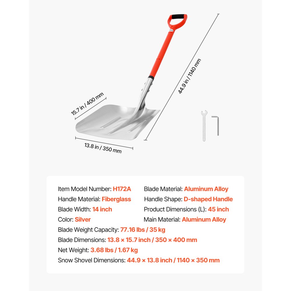 VEVOR Snow Shovel for Driveway, 35cm Wide Aluminum Alloy Snow Shovel with D-shaped Handles, Large Capacity Snowplow Shovels, Lightweight Snows Removal Tool for Garden Car Camping