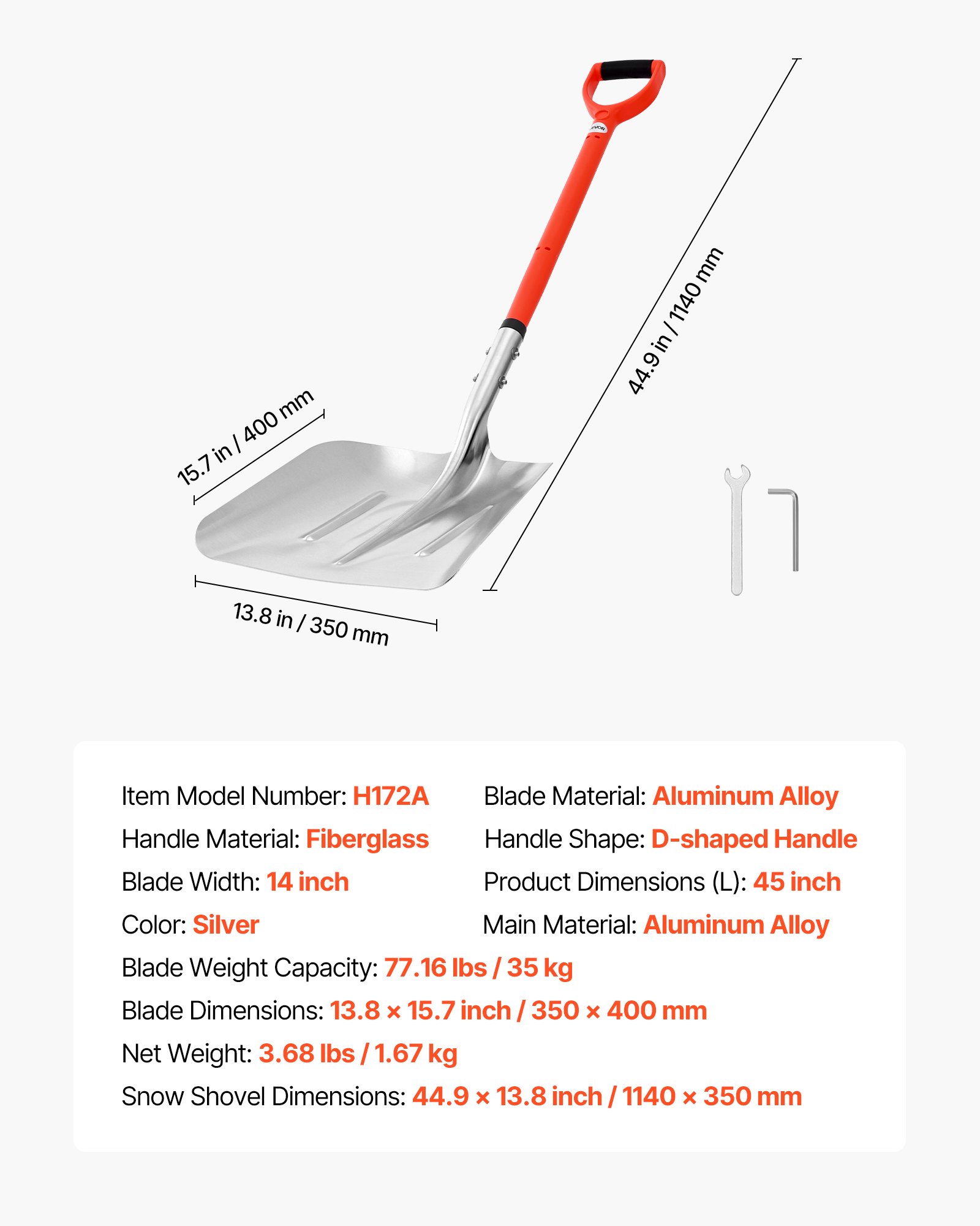 VEVOR Snow Shovel for Driveway, 35cm Wide Aluminum Alloy Snow Shovel with D-shaped Handles, Large Capacity Snowplow Shovels, Lightweight Snows Removal Tool for Garden Car Camping