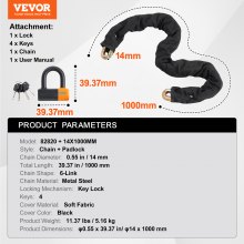 VEVOR Bike Chain Lock  3.28FT Heavy Duty Bike Lock Anti-Theft Bicycle Chain Lock 14mm Thicker Bicycle Lock Chain with 4 Keys for E-Bike, Motorcycle