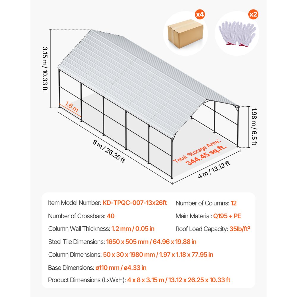 VEVOR Heavy Duty Metal Carport, 13' x 26' Outdoor Carport with Galvanized Steel Frame & Roof, Car Tent Garage Shade with Removable Sidewalls, Multi-Use Car Shelter for Pickup, Boat, Car & Tractors