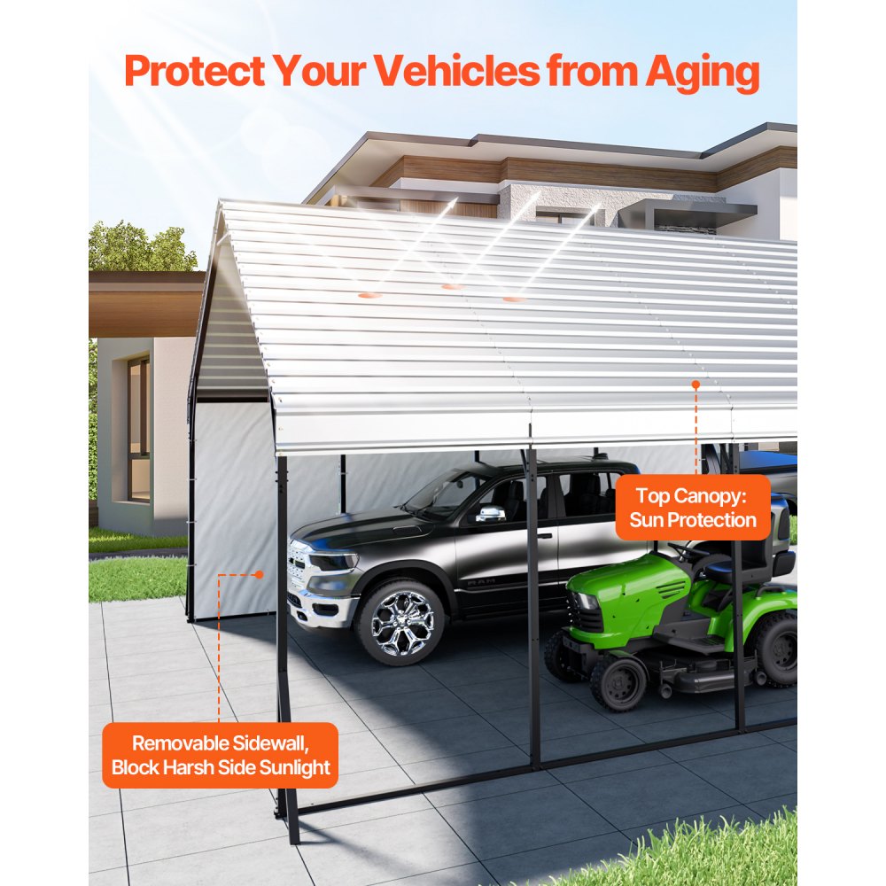 VEVOR Heavy Duty Metal Carport, 5.8 x 6 x 3.77 m Outdoor Carport with Sturdy Frame & Roof, Car Garage Shade with Removable Sidewalls, Multi-Use Car Shelter for Pickup, Boat, Trucks & Tractors