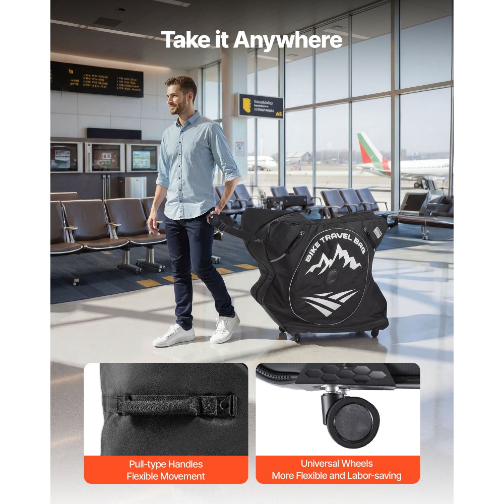 VEVOR Bike Travel Bag, Road Bike Bag Road Bicycle Storage Carry with TSA Lock & Dual Zipper, Black Bicycle Case Wheelbase 94-106 cm for Air Travel, Outdoor Use, Airplane, Car, Train, Subway Transport