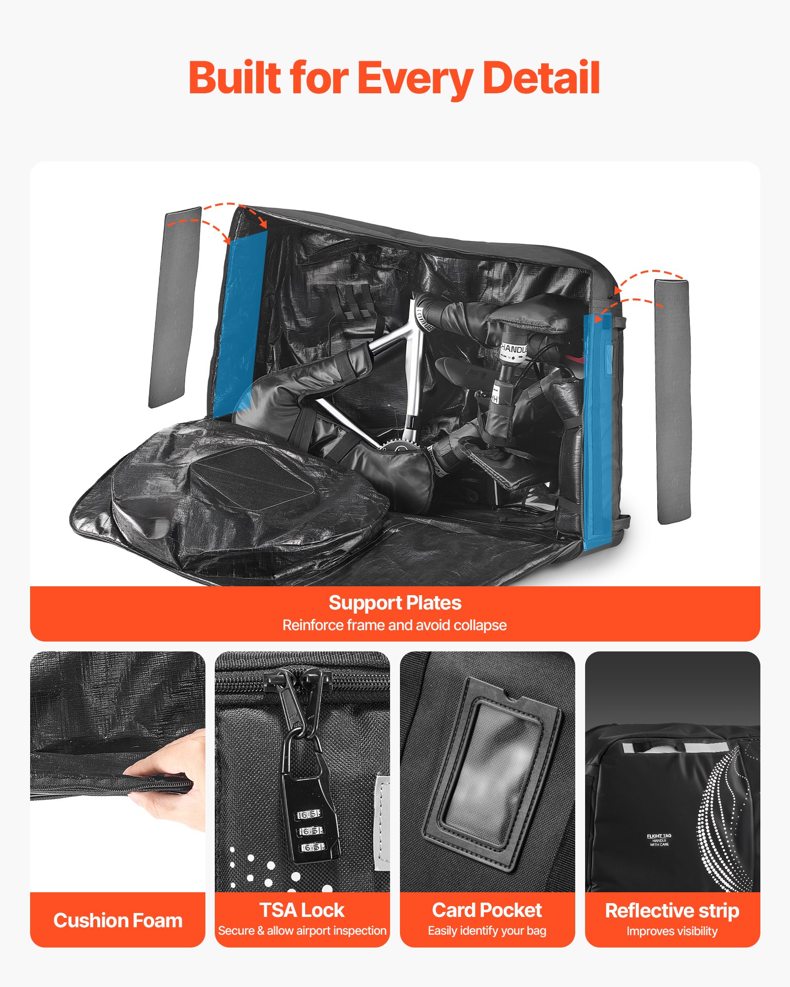 VEVOR Bike Travel Bag, Transport Universal Bicycle Storage Case Bag with TSA Lock, Support Plates, Protection and Fork Mount Stabilisation, Bicycle Case Max. Wheelbase 130 cm for Airplane, Outdoor Use