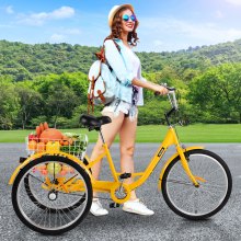 VEVOR Tricycle adulte 1 vitesse, vélo de croisière réglable de 20 pouces avec système de freinage à cloche, vélo de croisière, panier de grande taille pour les loisirs, le shopping et l'exercice (jaune 20 1 vitesse)