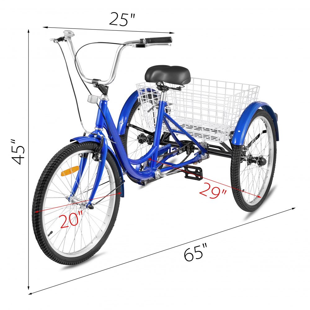 1-Speed 3 Wheel Adult Tricycle 20'' Blue Trike Bicycle Bike with Large Basket for Riding