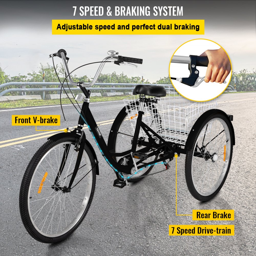 7-Speed 3 Wheel Adult Tricycle 20'' White Trike Bicycle Bike with Large Basket for Riding