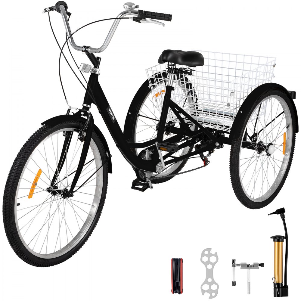 black VEVOR adult tricycle with rear basket, repair tools, and tire pump.