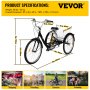 VEVOR adult tricycle 50 lbs, 65x30x45 in dimensions for shopping, travel, exercise, camping