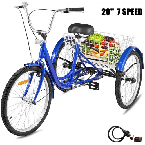 7-Speed 3 Wheel Adult Tricycle 20'' Blue Trike Bicycle Bike with Large Basket for Riding