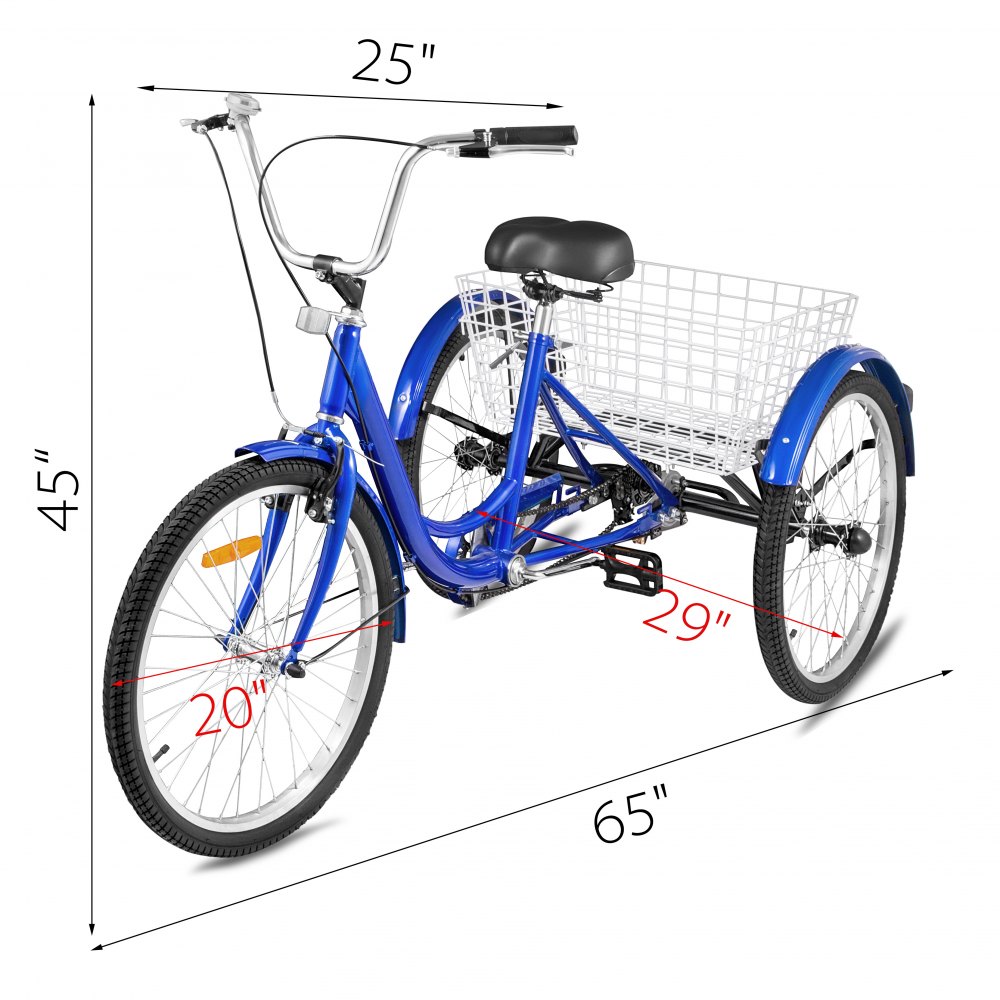 7-Speed 3 Wheel Adult Tricycle 20'' Blue Trike Bicycle Bike with Large Basket for Riding
