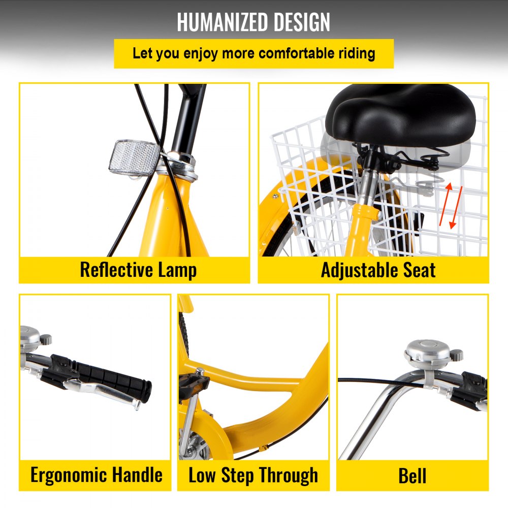 1-Speed 3 Wheel Adult Tricycle 24'' Yellow Trike Bicycle Bike with Large Basket for Riding