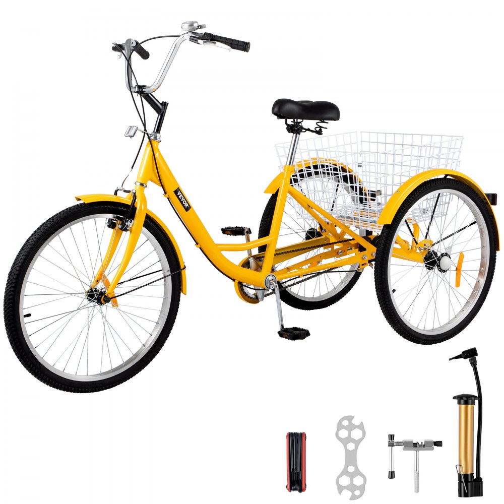 yellow VEVOR adult tricycle with rear basket, tools, and pump included.