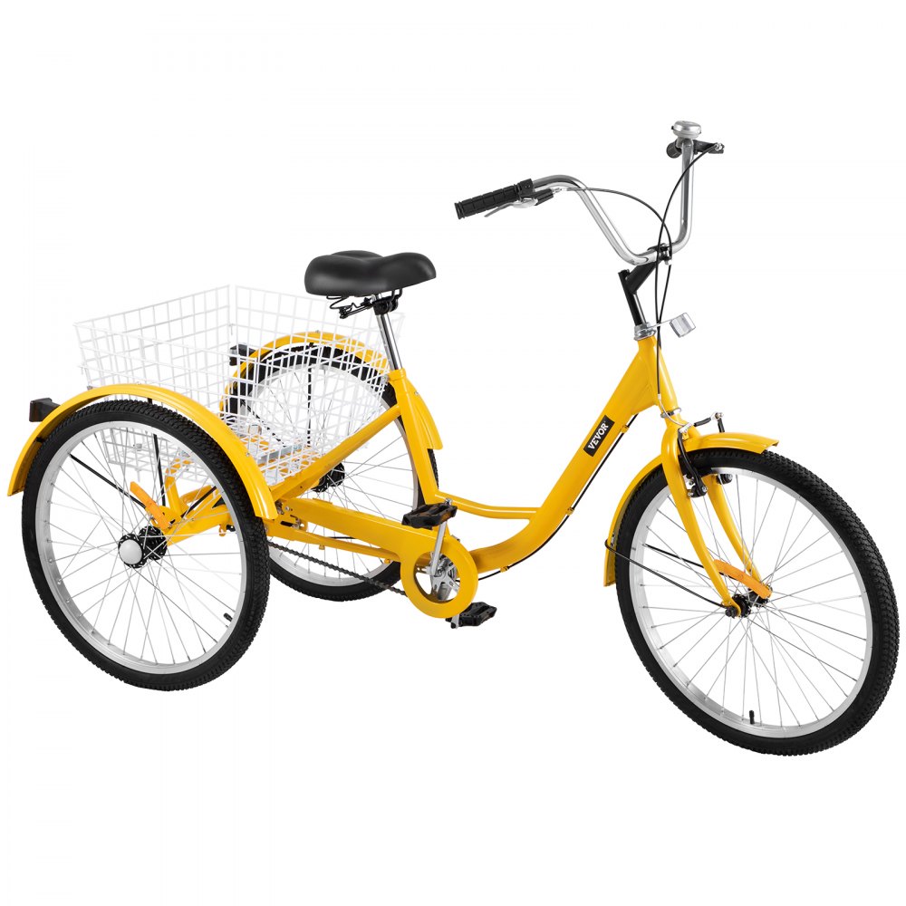1-Speed 3 Wheel Adult Tricycle 24'' Yellow Trike Bicycle Bike with Large Basket for Riding