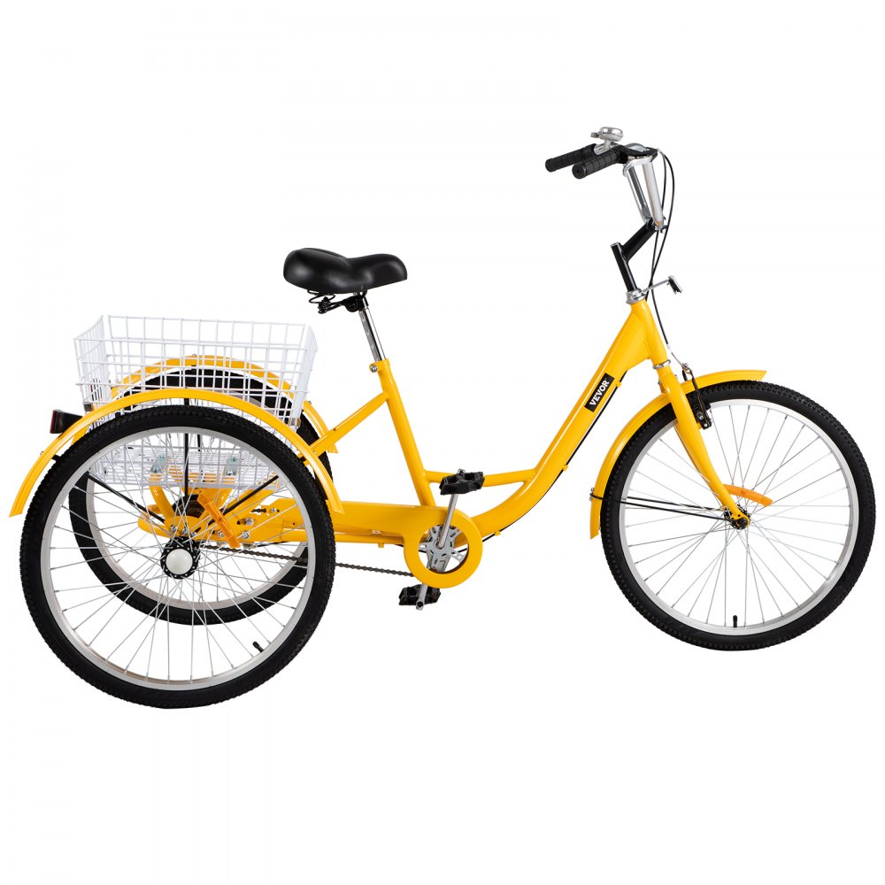 1-Speed 3 Wheel Adult Tricycle 24'' Yellow Trike Bicycle Bike with Large Basket for Riding