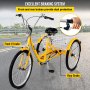 VEVOR yellow adult tricycle with front v-brake and rear brake on a paved road.