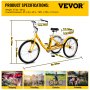 Tricycle adulte jaune VEVOR avec panier, roue avant 26", dimensions et spécifications de poids.