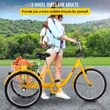 VEVOR Triciclo amarillo para adultos de 24 pulgadas, 1 velocidad, 3 ruedas, triciclo plegable para adultos, bicicleta de crucero de 24 pulgadas, asiento ajustable con campana, sistema de frenos y cesta para compras