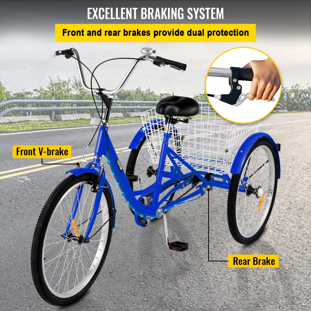 1-Speed 3 Wheel Adult Tricycle 24'' BlueTrike Bicycle Bike with Large Basket for Riding