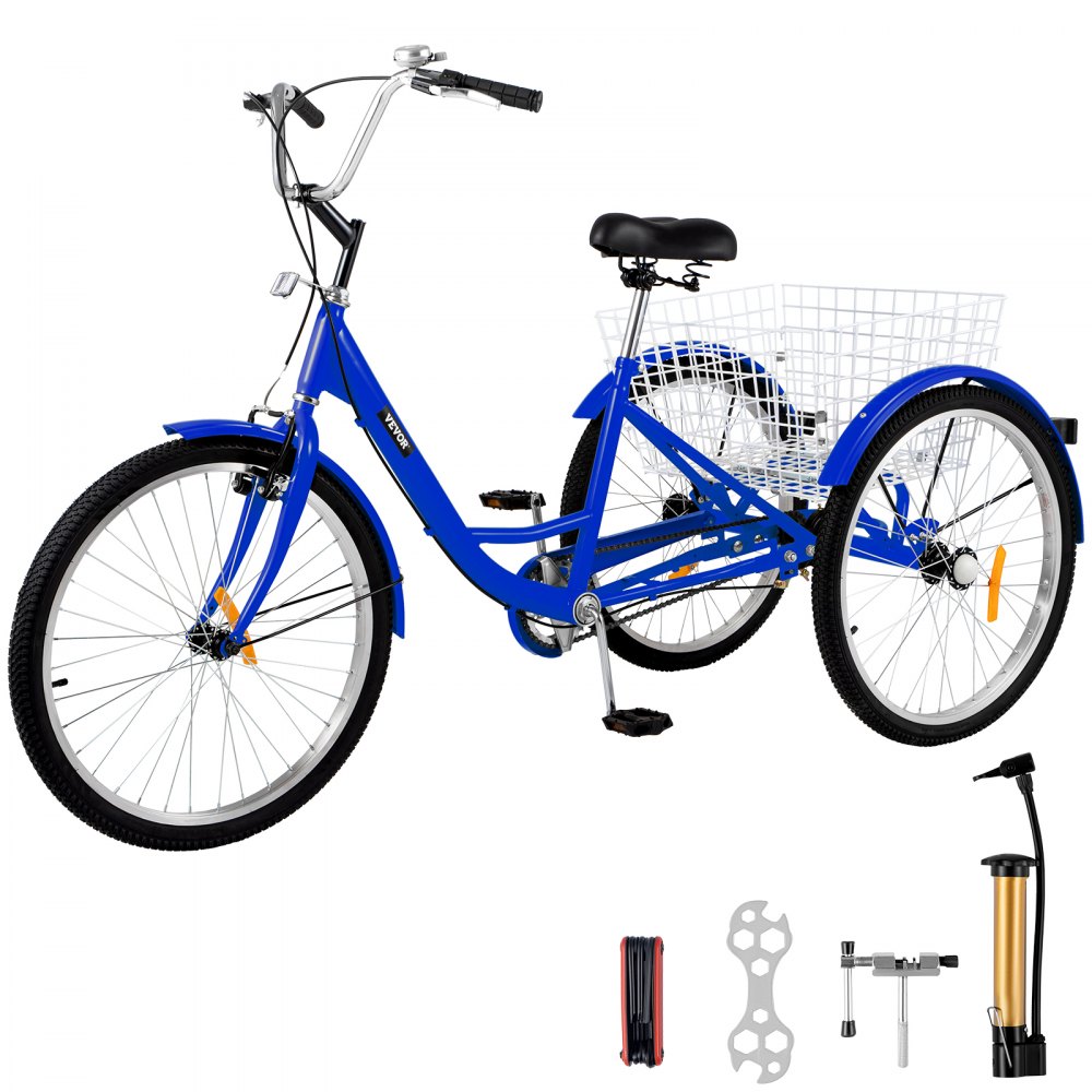 VEVOR Triciclo para adultos, 24 pulgadas, 1 velocidad, 3 ruedas, ejercicio  azul, bicicleta de compras, cesta grande