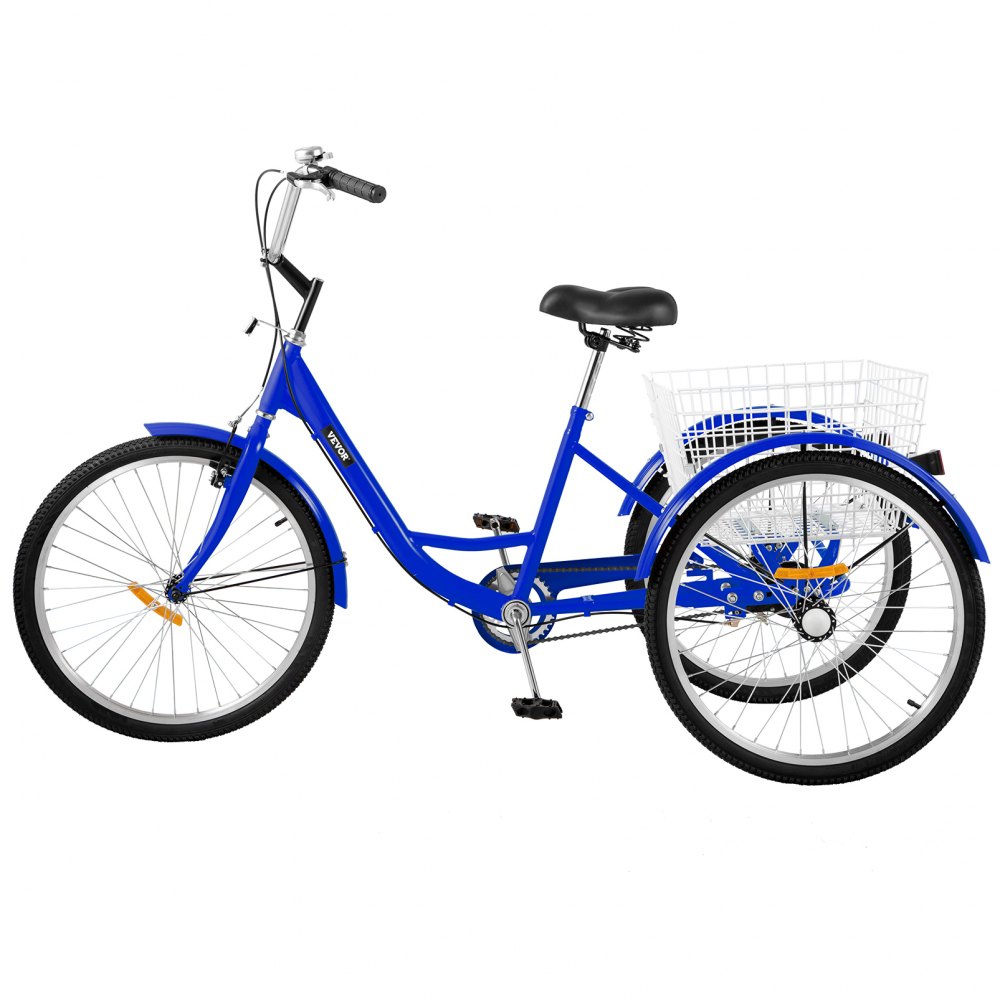 1-Speed 3 Wheel Adult Tricycle 24'' BlueTrike Bicycle Bike with Large Basket for Riding