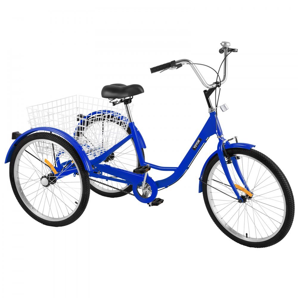 1-Speed 3 Wheel Adult Tricycle 24'' BlueTrike Bicycle Bike with Large Basket for Riding
