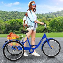 VEVOR Tricycle adulte 24 pouces à trois roues Tricycle adulte 1 vitesse 3 roues vélos pour adultes pliés pour un déplacement facile et avec un grand panier idéal pour les loisirs, le shopping et les exercices (bleu)