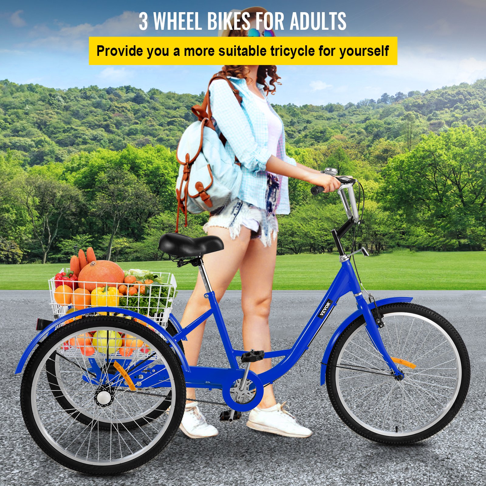 1-Speed 3 Wheel Adult Tricycle 24'' BlueTrike Bicycle Bike with Large Basket for Riding