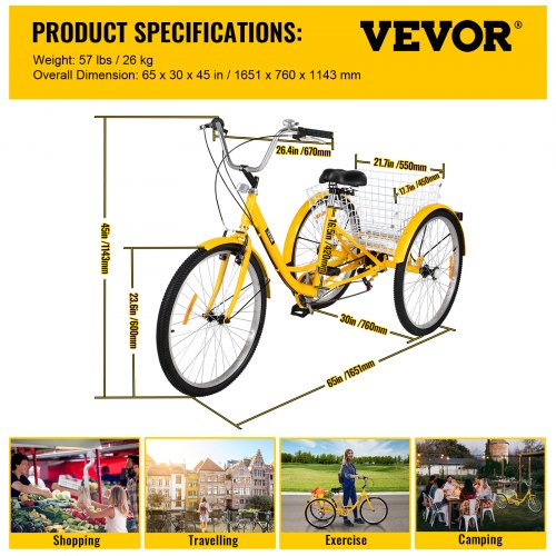 7-Speed 3 Wheel Adult Tricycle 24'' Yellow Trike Bicycle Bike with Large Basket for Riding