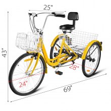 Vevor 24" Adult Tricycle 3-Wheel 7 Speed Bicycle Trike Double Basket 330LBS Bike
