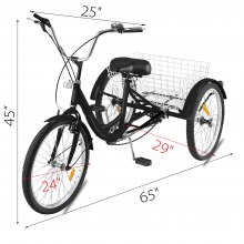 VEVOR Triciclo para adultos de una sola velocidad, bicicleta de tres ruedas de 7 velocidades, bicicleta de crucero, asiento de 24 pulgadas, triciclo ajustable con campana, sistema de frenos y cesta, tamaño de bicicletas de crucero para ir de compras