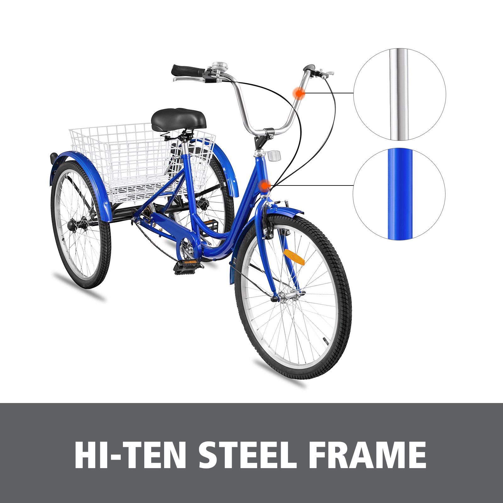 1-Speed 3 Wheel Adult Tricycle 26'' BlueTrike Bicycle Bike with Large Basket for Riding