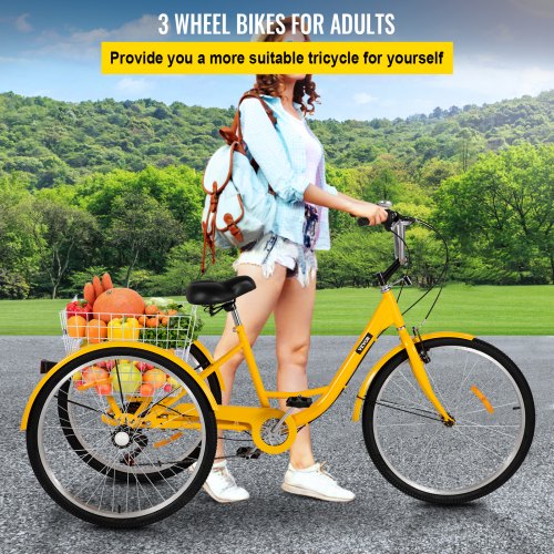 VEVOR Adult Tricycle 7 Speed Wheel Size Cruise Bike 26in Adjustable Trike with Bell, Brake System Cruiser Bicycles Large Size Basket for Shopping (Yellow 26 7 Speed)