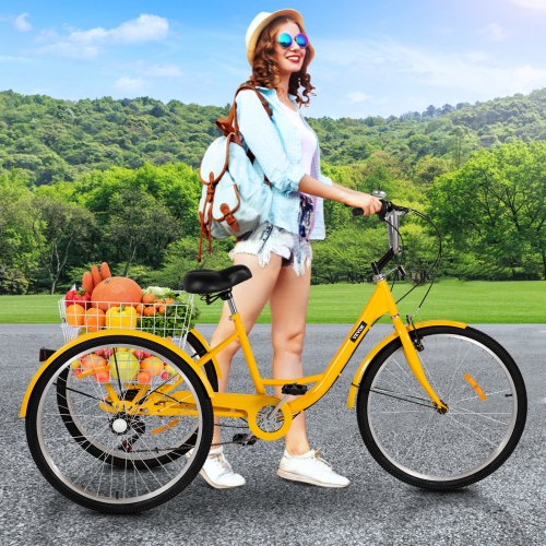 VEVOR Adult Tricycle 7 Speed Wheel Size Cruise Bike 26in Adjustable Trike with Bell, Brake System Cruiser Bicycles Large Size Basket for Shopping (Yellow 26 7 Speed)
