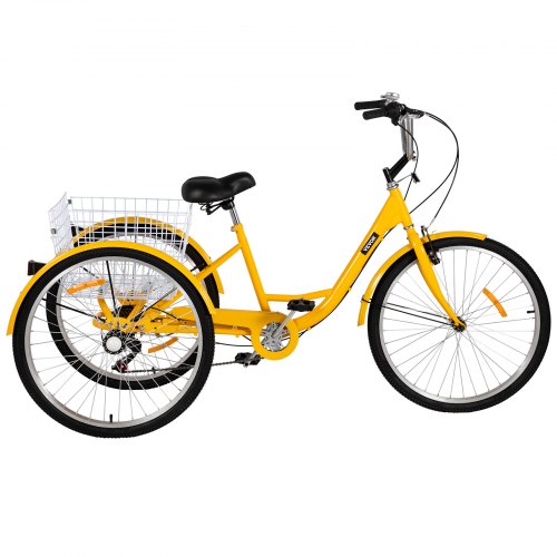 VEVOR Adult Tricycle 7 Speed Wheel Size Cruise Bike 26in Adjustable Trike with Bell, Brake System Cruiser Bicycles Large Size Basket for Shopping (Yellow 26 7 Speed)