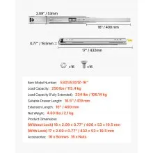 VEVOR Heavy Duty Drawer Slides 16inch, 1 Pair Locking Drawer Slides 250lbs Load Capacity, Side Mount Ball Bearing, 3-Fold Full Extension