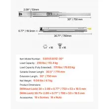 VEVOR Heavy Duty Drawer Slides 30inch, 1 Pair Locking Drawer Slides 250lbs Load Capacity, Side Mount Ball Bearing, 3-Fold Full Extension