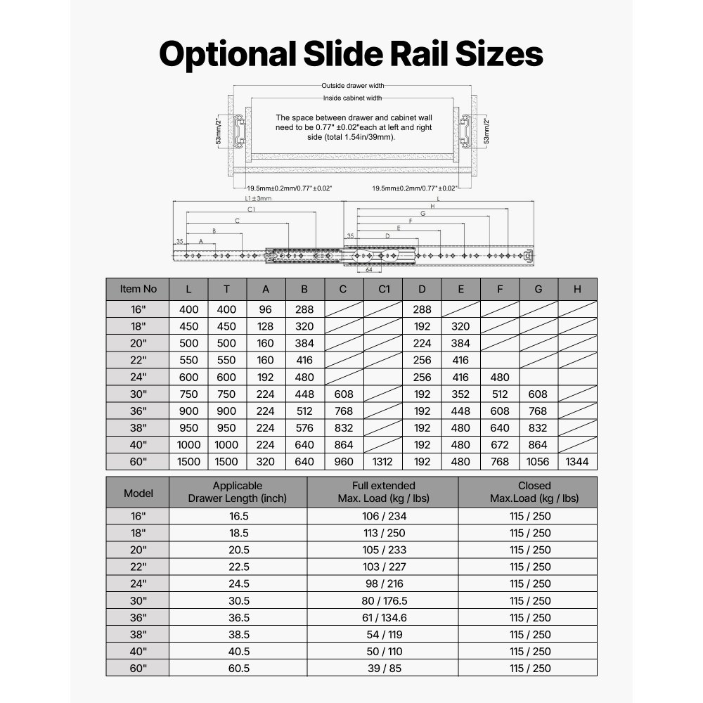 VEVOR Heavy Duty Drawer Slides, 100 cm 113 kg with Lock Side Mount Rails, for Cabinets, Kitchen, Workbench, RV, 3-Fold Full Extension Ball Bearing Rails, Carbon Steel, with Screws & Nuts, 1 Pair