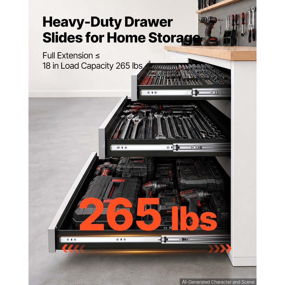 VEVOR Heavy Duty Drawer Slides, 90 cm 120.2 kg Load Side Mount Rails, for Cabinets, Kitchen, Workbench, RV, 3-Fold Full Extension Ball Bearing Rails, Carbon Steel, with Screws & Nuts, 1 Pair