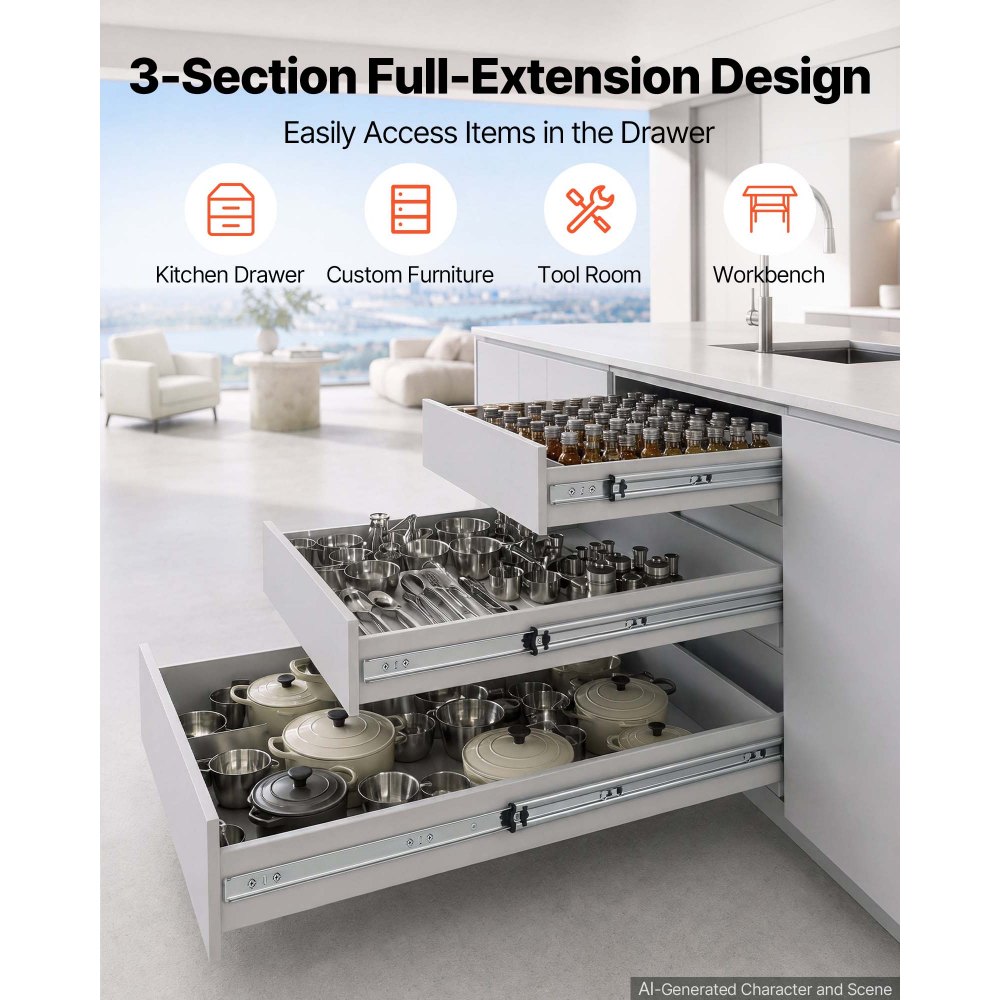 VEVOR Heavy Duty Drawer Slides, 90 cm 120.2 kg Load Side Mount Rails, for Cabinets, Kitchen, Workbench, RV, 3-Fold Full Extension Ball Bearing Rails, Carbon Steel, with Screws & Nuts, 1 Pair