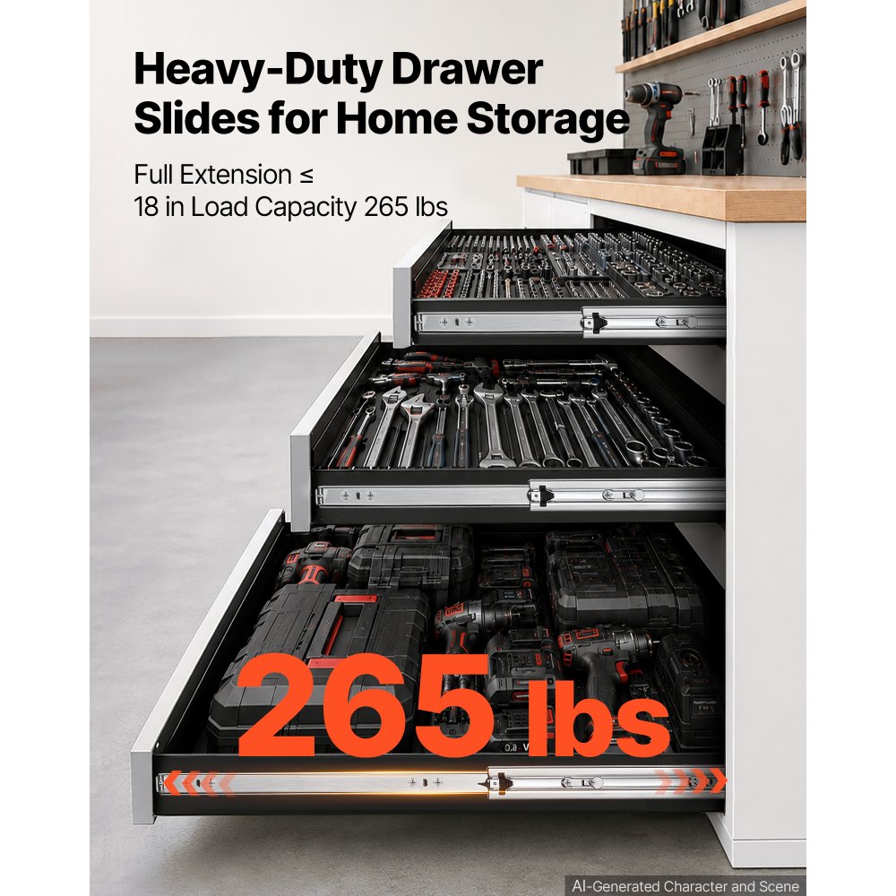 VEVOR Heavy Duty Drawer Slides, 75 cm 120.2 kg Load Side Mount Rails, for Cabinets, Kitchen, Workbench, RV, 3-Fold Full Extension Ball Bearing Rails, Carbon Steel, with Screws & Nuts, 1 Pair