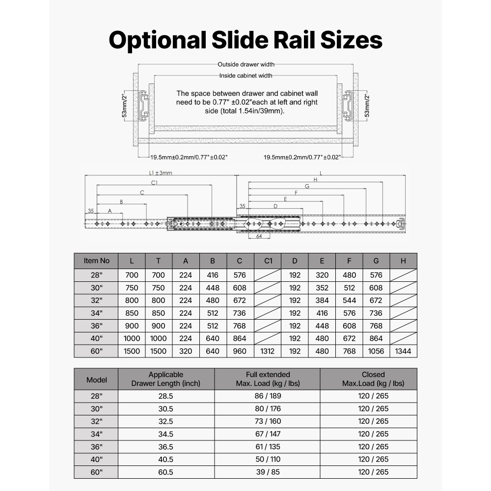 VEVOR Heavy Duty Drawer Slides, 75 cm 120.2 kg Load Side Mount Rails, for Cabinets, Kitchen, Workbench, RV, 3-Fold Full Extension Ball Bearing Rails, Carbon Steel, with Screws & Nuts, 1 Pair