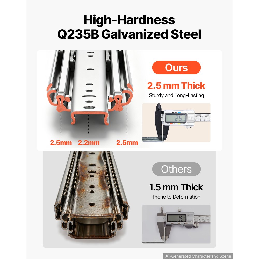 VEVOR Heavy Duty Drawer Slides, 66 cm 226.8 kg with Lock Side Mount Rails, for Cabinets, Kitchen, Workbench, RV, 3-Fold Full Extension Ball Bearing Rails, Carbon Steel, with Screws & Nuts, 1 Pair
