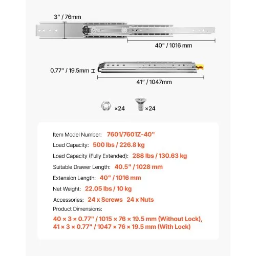 VEVOR 1 Pair Full Extension Drawer Slides – 500 Lbs Load Capacity, Locking Side Mount, Ball Bearing, Fits 16-60 Inch Drawers (Multiple Sizes Available)