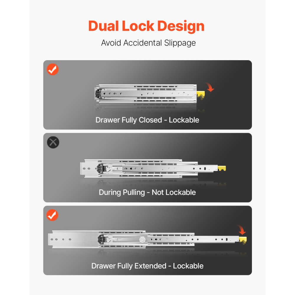 VEVOR 1 Pair Full Extension Drawer Slides 18 20 22 28 30 32 36 38 40 44 48 52 56 60 in, 500 lbs Load Capacity Locking Drawer Slides, Ball Bearing with Lock Side Mount Drawer Slide Rail