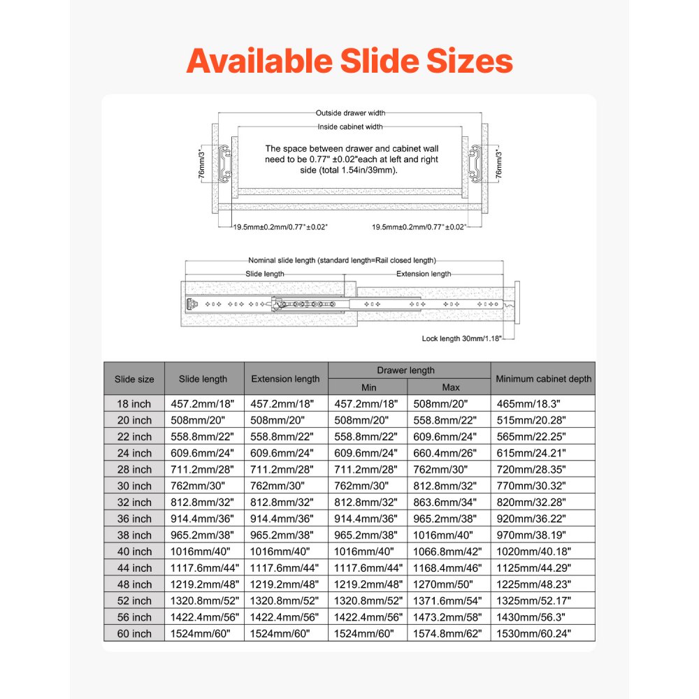 VEVOR 1 Pair Full Extension Drawer Slides 18 20 22 28 30 32 36 38 40 44 48 52 56 60 in, 500 lbs Load Capacity Locking Drawer Slides, Ball Bearing with Lock Side Mount Drawer Slide Rail