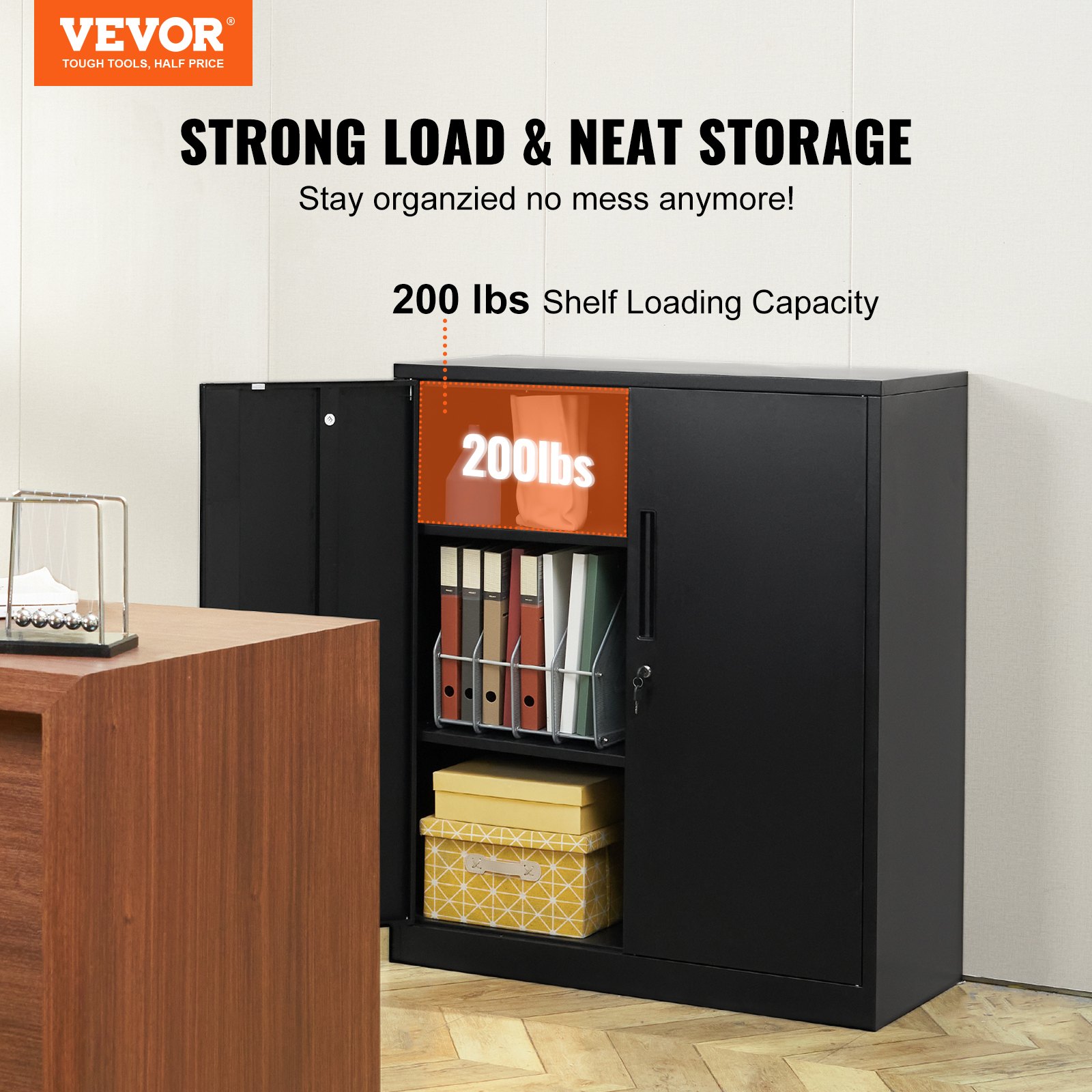 VEVOR Metal Storage Cabinet with 2 Magnetic Doors and 4 Adjustable Shelves, 90 kg Capacity per Shelf, Locking Steel Storage Cabinet, 1 m Metal Cabinet with 3 Keys, for Office, Garage, Home, Black
